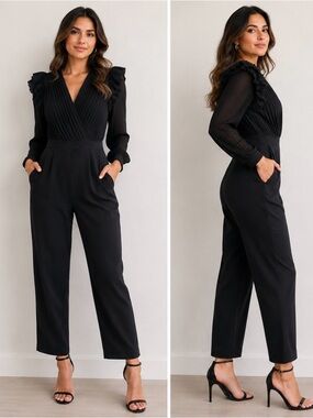 Express Black Pleated Ruffled Long-Sleeve Jumpsuit